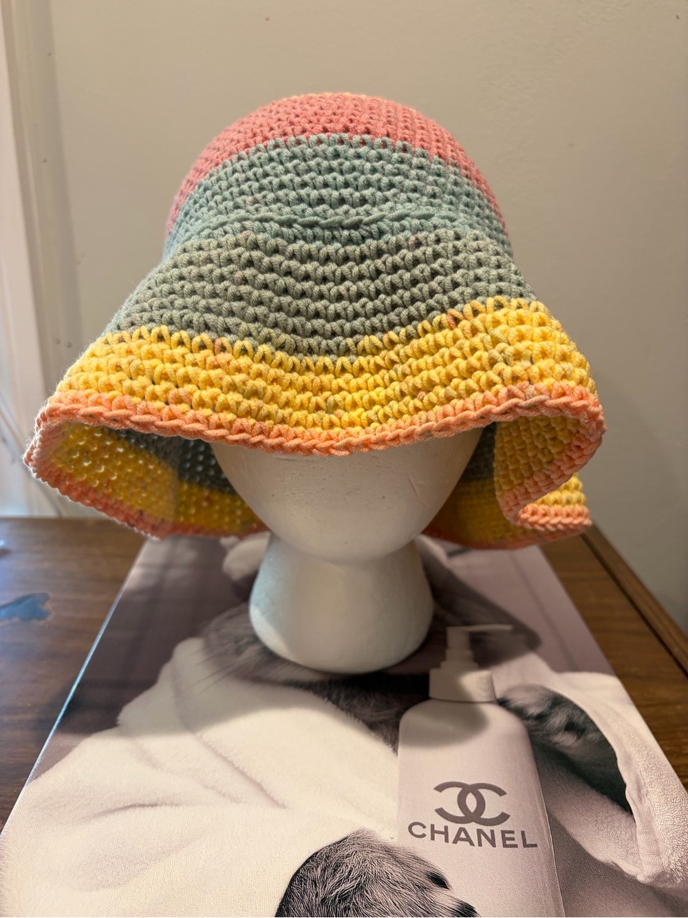 Hand-Crocheted Multicolor Bucket Hat - Pastel Pink, Mint & Yellow - Picture 1 of 4